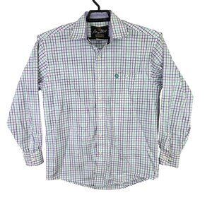 Mens George Strait Wrangler White Green Purple Plaid Shirt Button Down Size M